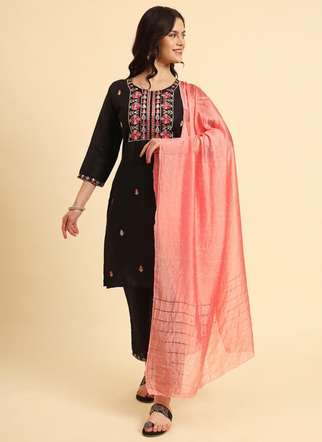 Cotton Black Daily Wear Thread Work Readymade Kurti Set